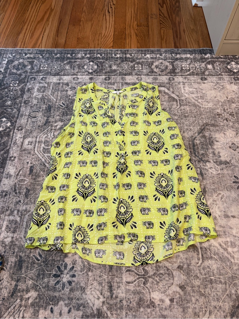 crown & ivy Neon Yellow/green Sleeveless top with Floral & Elephant Motif